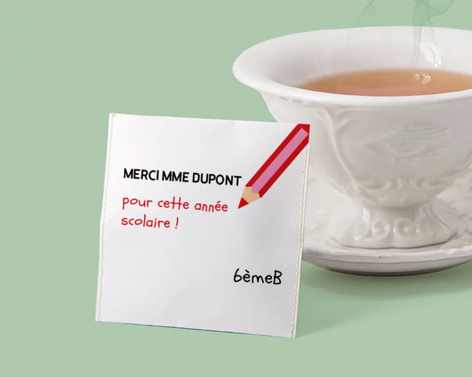 Boîte de 10 sachets de thé bio personnalisables - Merci Maîtresse, Maître et ATSEM
