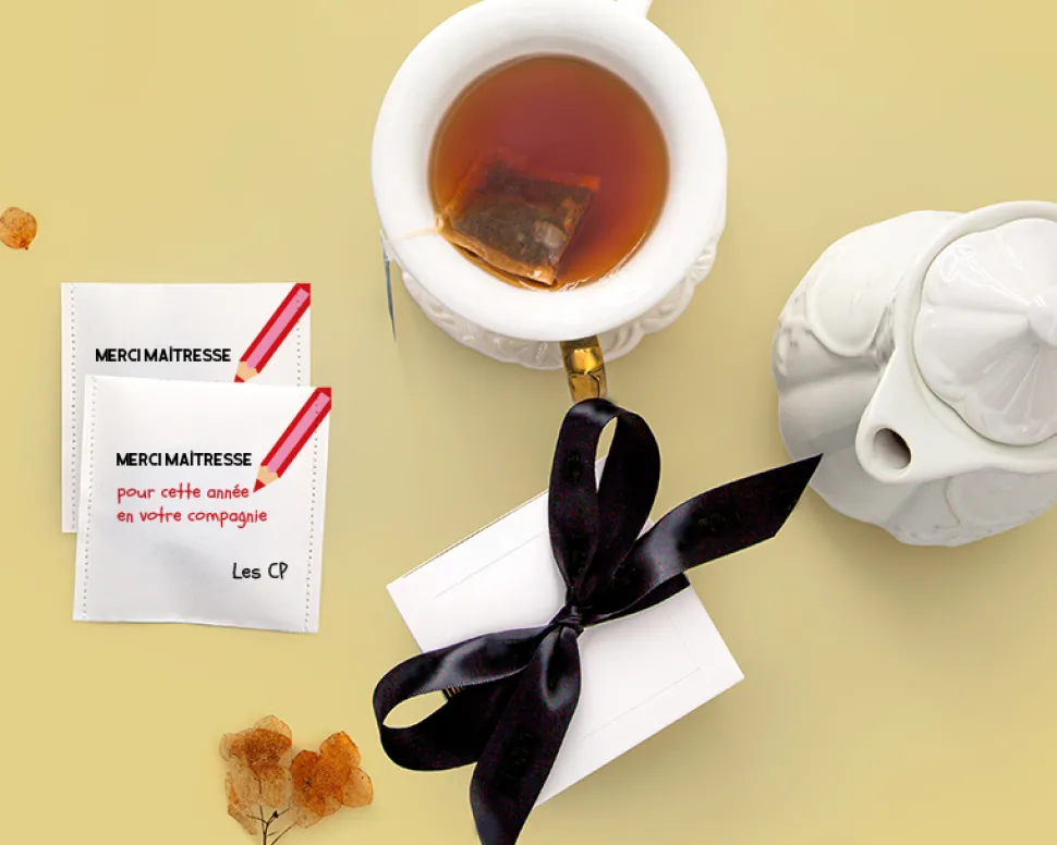 Boîte de 10 sachets de thé bio personnalisables - Merci Maîtresse, Maître et ATSEM