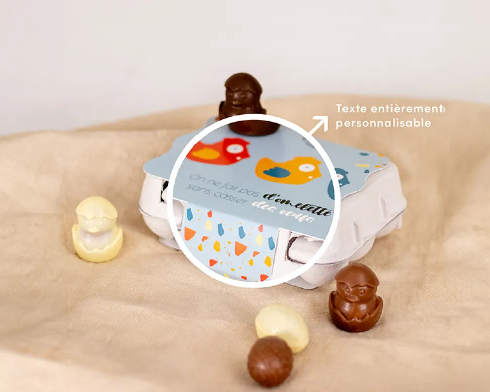 Boîte d'oeufs personnalisable et ses Poussins au chocolat noir, lait et blanc