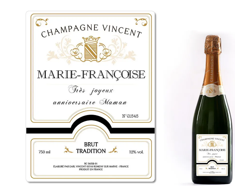Bouteille de champagne personnalisée - Prénom et message