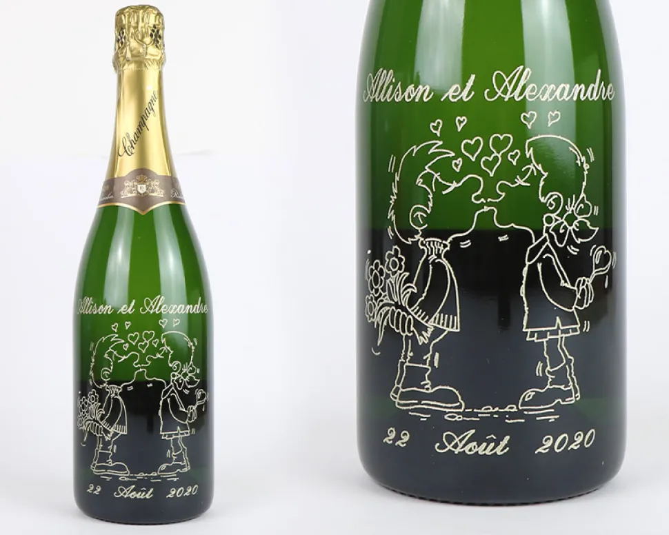 Bouteille de champagne personnalisée gravée - Avec flûtes à champagne