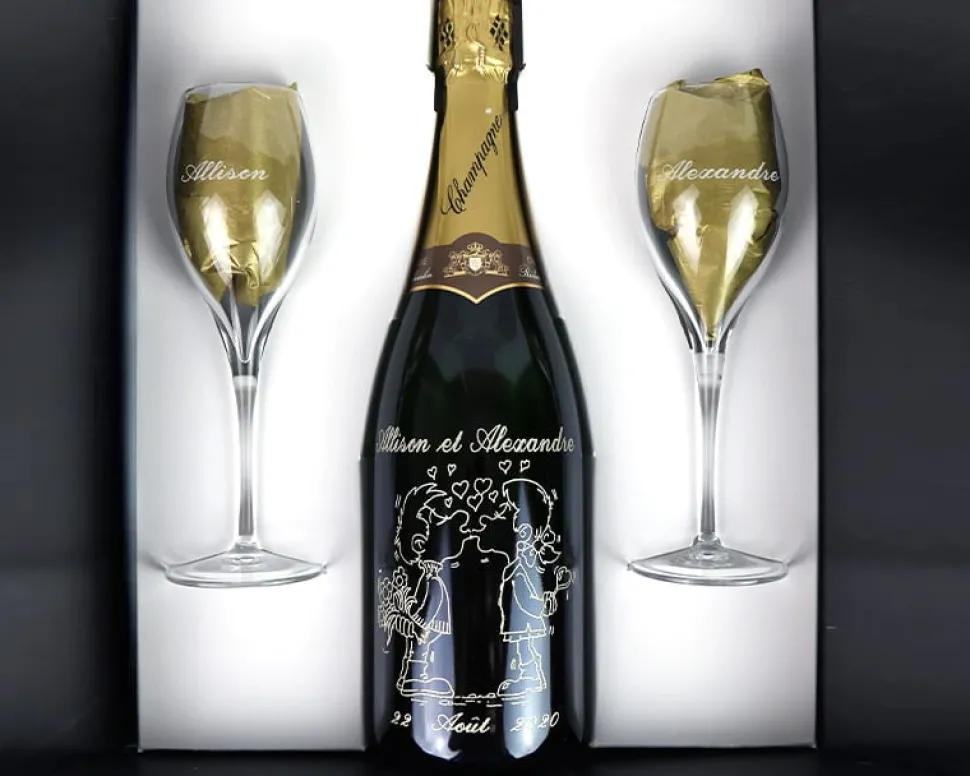 Bouteille de champagne personnalisée gravée - Avec flûtes à champagne
