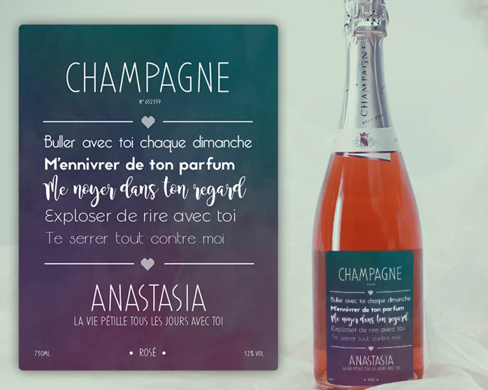 Bouteille de champagne rosé personnalisée couple - Message romantique