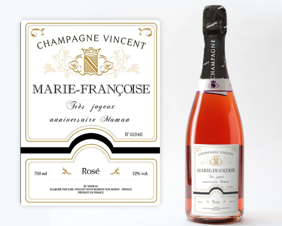 Bouteille de champagne rosé personnalisée - Nom et message