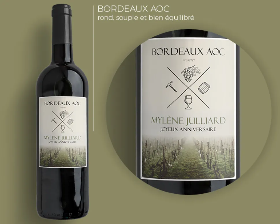 Bouteille de vin de Bordeaux personnalisée message - Vignes