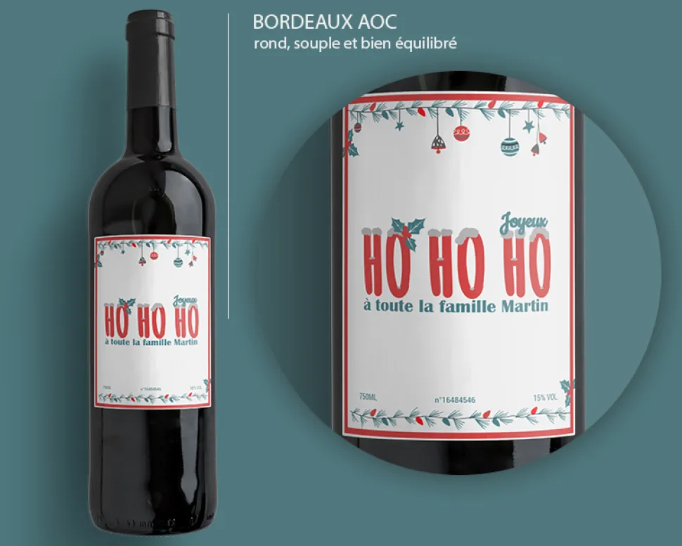 Bouteille de vin de Bordeaux personnalisée Noël - Ho Ho Ho !