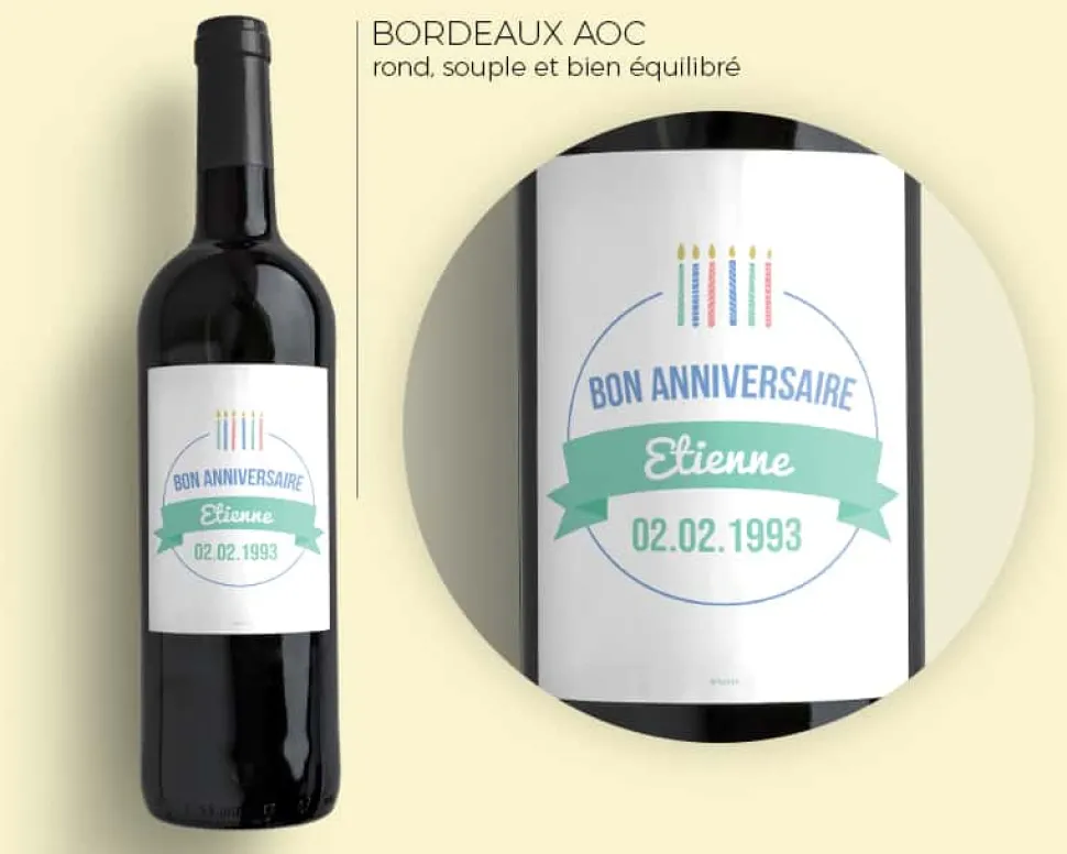 Bouteille de vin de Bordeaux personnalisée anniversaire - Bougies Vert