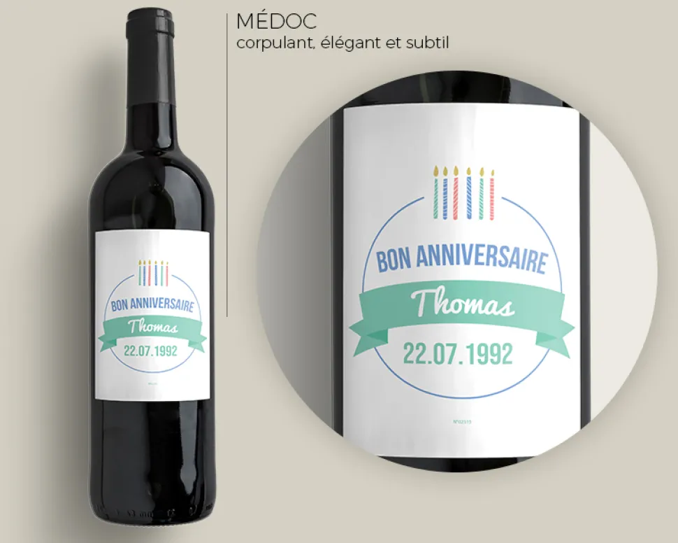 Bouteille de vin de Bordeaux personnalisée anniversaire - Bougies Vert