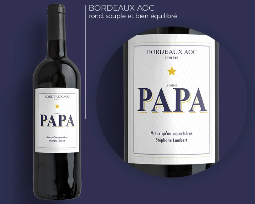 Bouteille de vin de Bordeaux personnalisée papa - Message