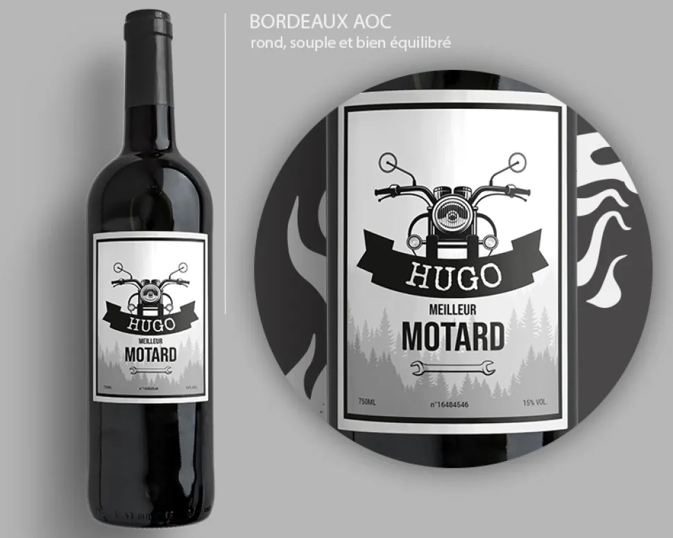 Bouteille de vin de Bordeaux personnalisée prénom - Moto
