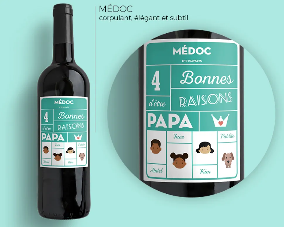 Bouteille de vin de Bordeaux personnalisée papa - Family Circus