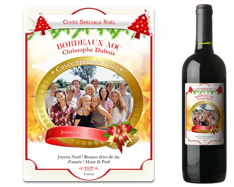 Bouteille de vin de Bordeaux personnalisée Noël - Photo