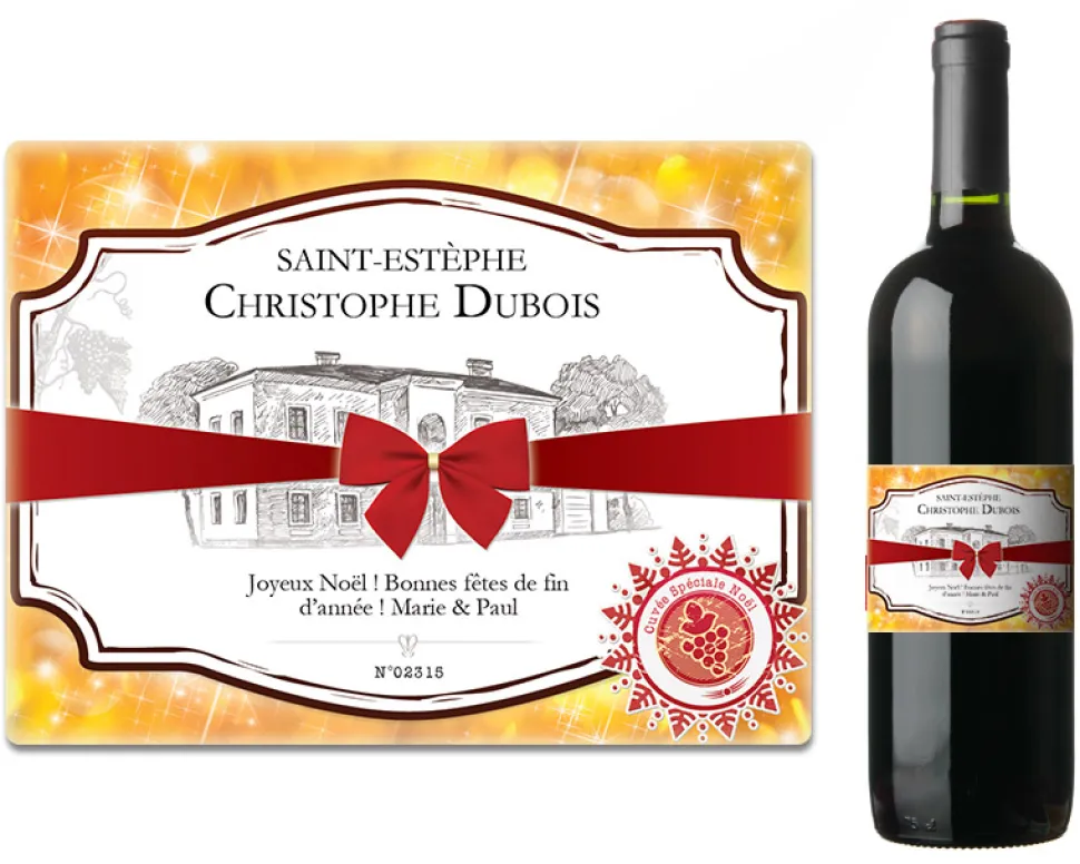 Bouteille de vin de Bordeaux personnalisée Noël - Voeux