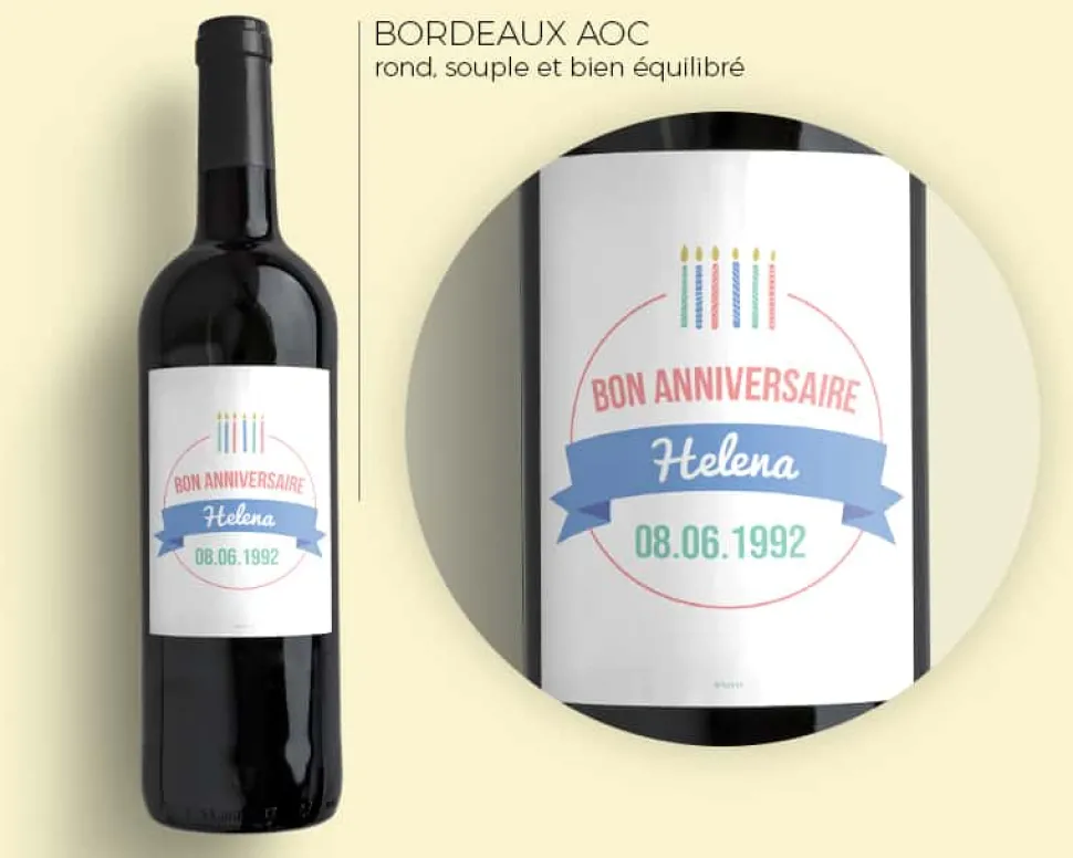 Bouteille de vin de Bordeaux personnalisée anniversaire - Bougies Bleu