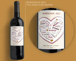 Bouteille de vin de Bordeaux personnalisée prénoms - Coeur Famille