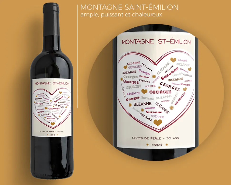 Bouteille de vin de Bordeaux personnalisée prénoms - Coeur Famille