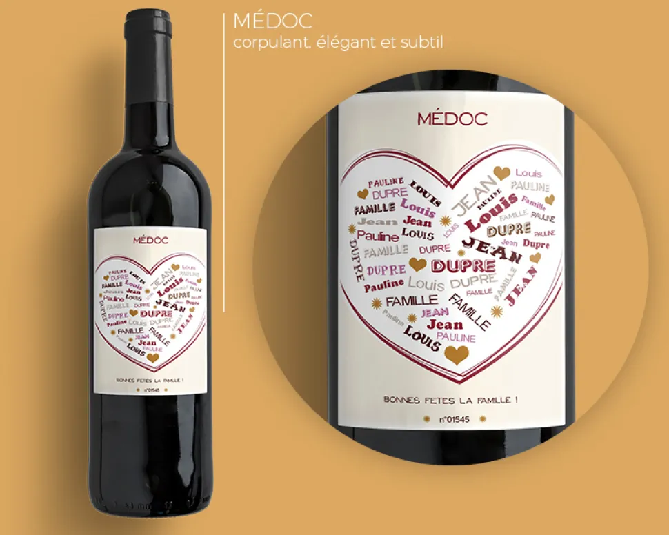 Bouteille de vin de Bordeaux personnalisée prénoms - Coeur Famille
