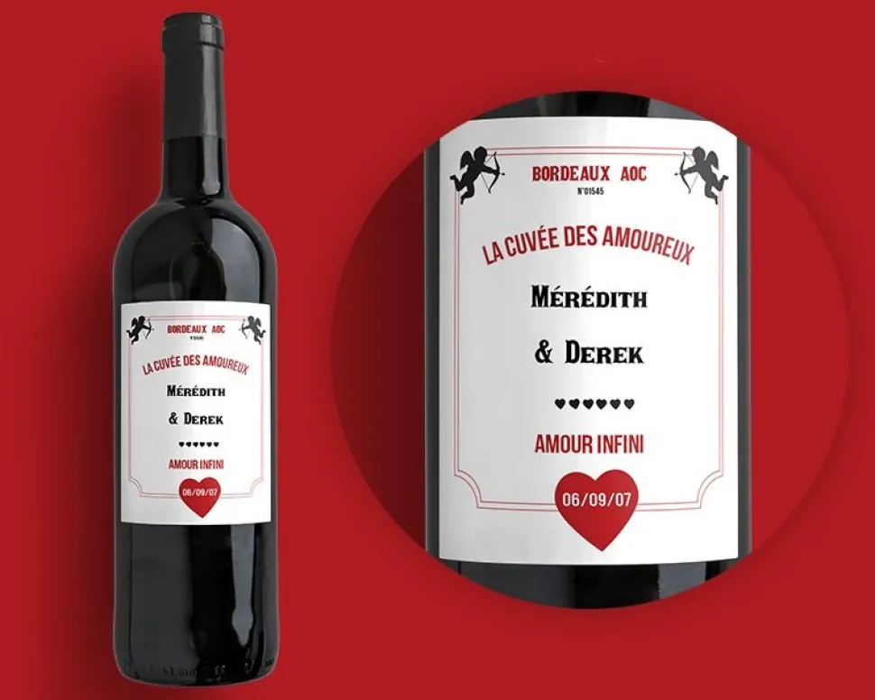 Bouteille de vin de Bordeaux personnalisée couple - Cupidon