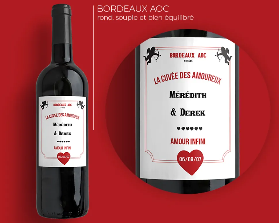 Bouteille de vin de Bordeaux personnalisée couple - Cupidon