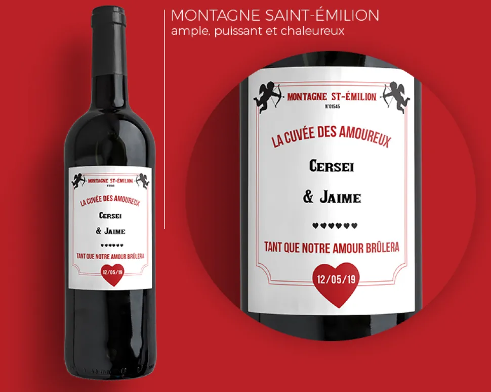 Bouteille de vin de Bordeaux personnalisée couple - Cupidon