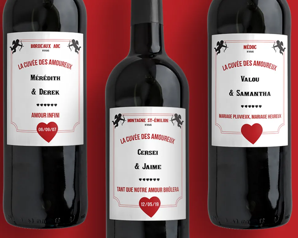 Bouteille de vin de Bordeaux personnalisée couple - Cupidon