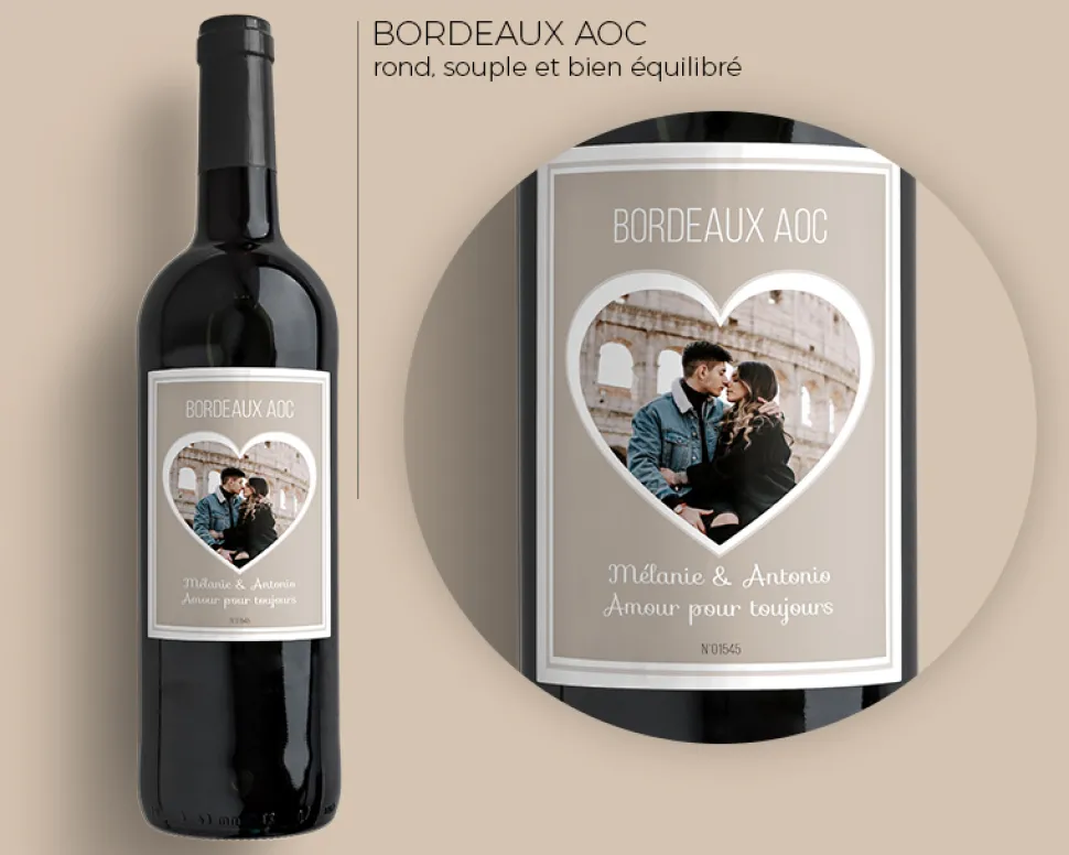 Bouteille de vin de Bordeaux personnalisée photo et message - Coeur Photo