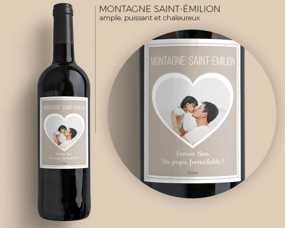 Bouteille de vin de Bordeaux personnalisée photo et message - Coeur Photo