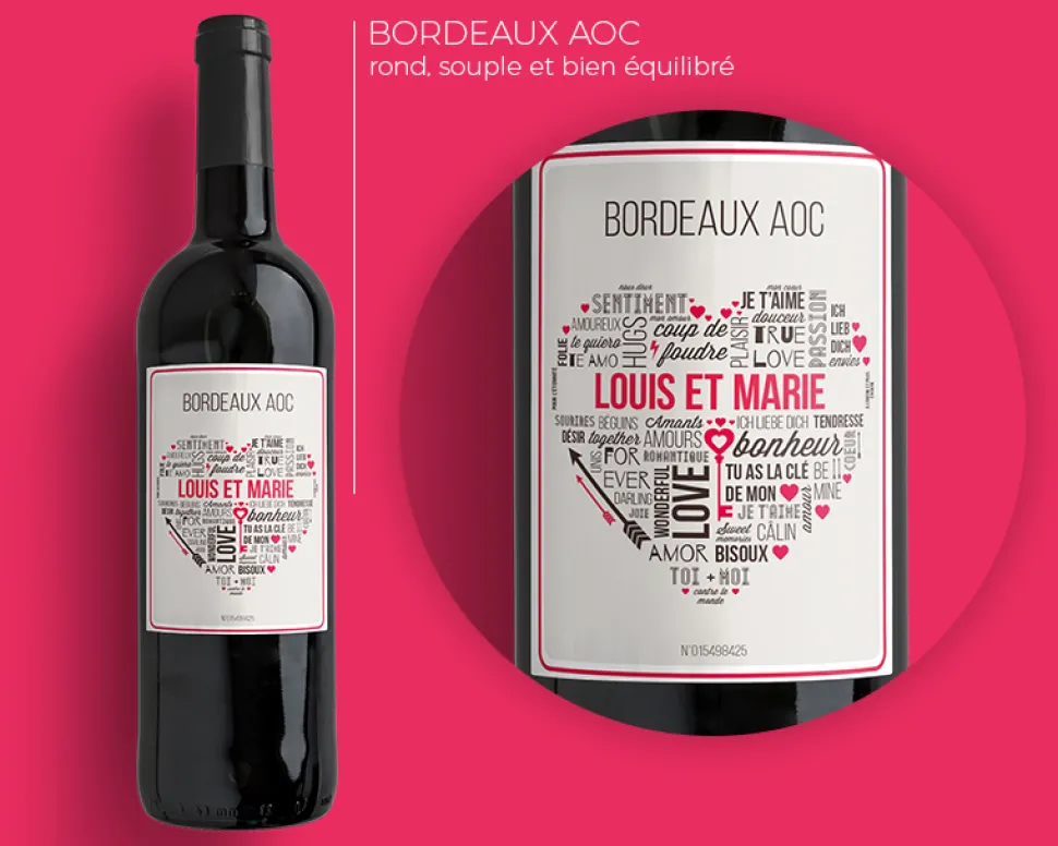 Bouteille de vin de Bordeaux personnalisée couple - Mots d'Amour