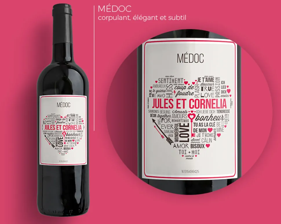 Bouteille de vin de Bordeaux personnalisée couple - Mots d'Amour