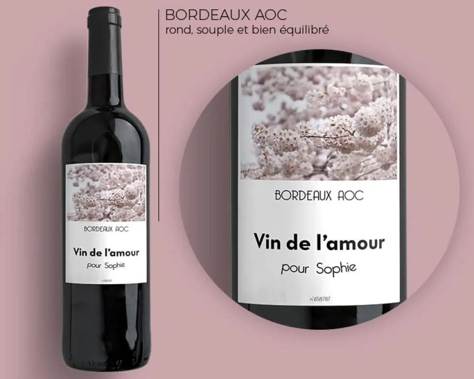 Bouteille de vin de Bordeaux personnalisée message - Fleurs