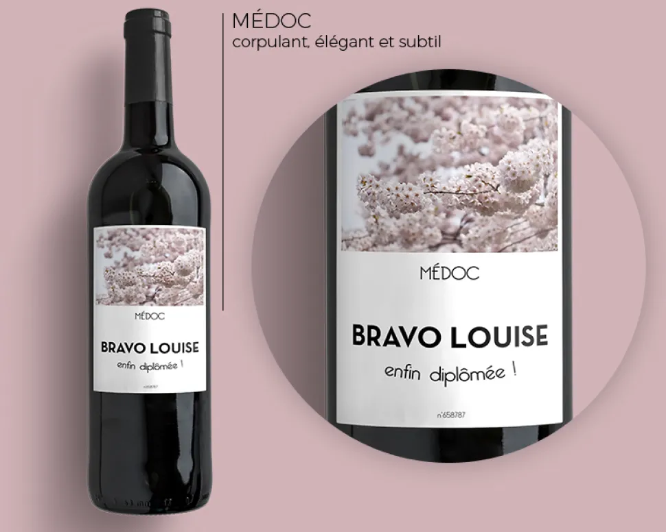 Bouteille de vin de Bordeaux personnalisée message - Fleurs