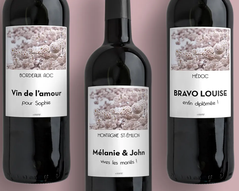Bouteille de vin de Bordeaux personnalisée message - Fleurs