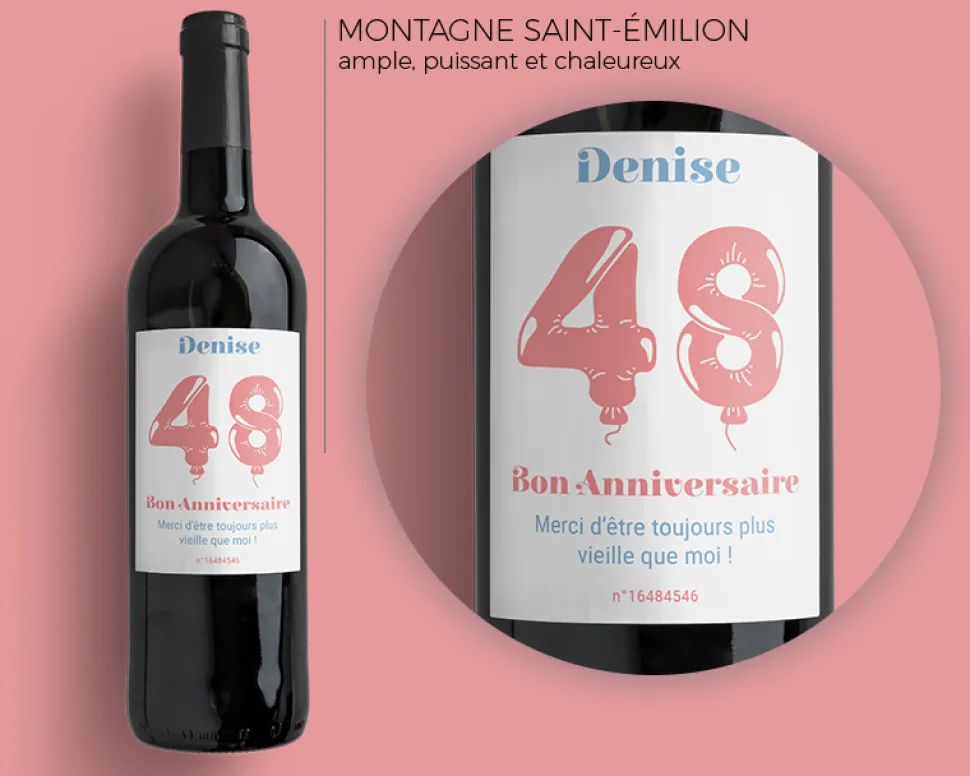 Bouteille de vin de Bordeaux personnalisée anniversaire - Ballons Rose