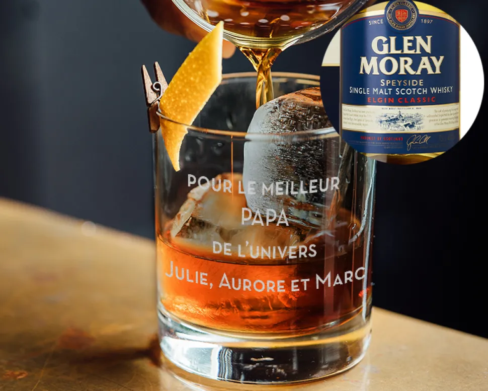 Bouteille de whisky Glen Moray - Avec un verre personnalisé