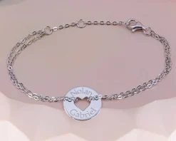 Bracelet coeur et double chaîne en Argent véritable