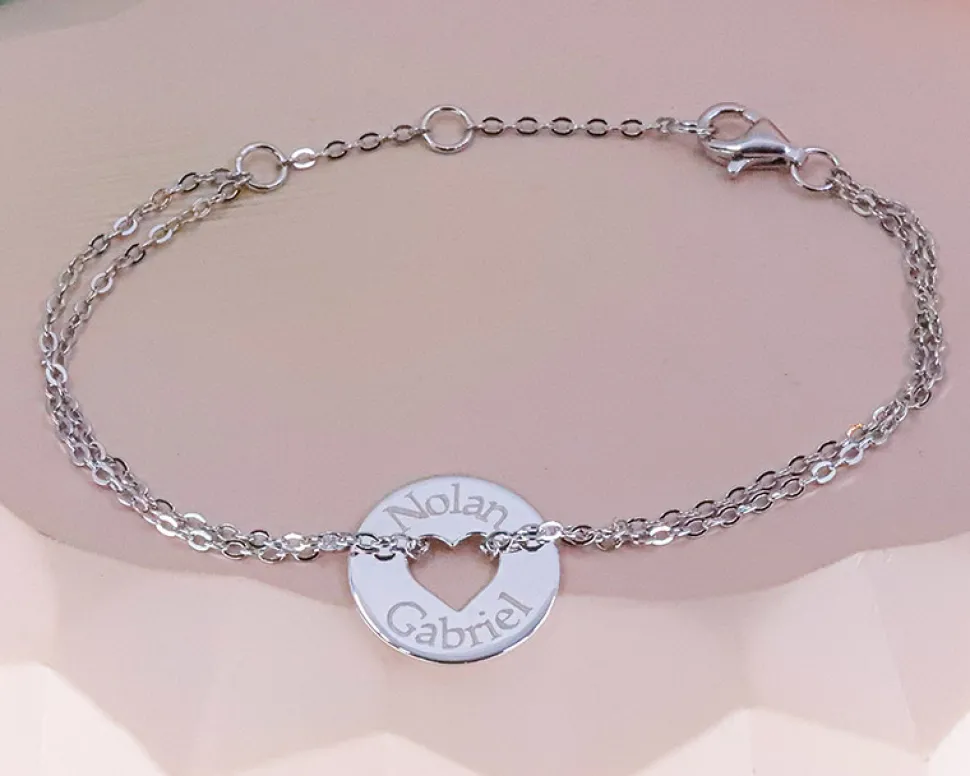 Bracelet coeur et double chaîne en Argent véritable