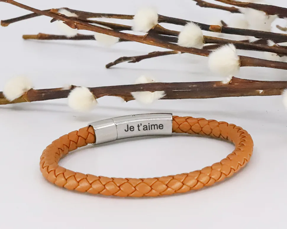 Bracelet en cuir tressé coloré - Marron foncé, camel ou bleu marine