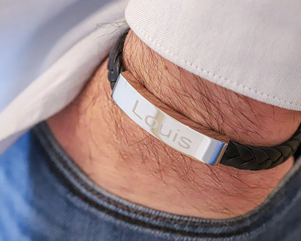Bracelet gravé Homme en Acier et Cuir Tressé