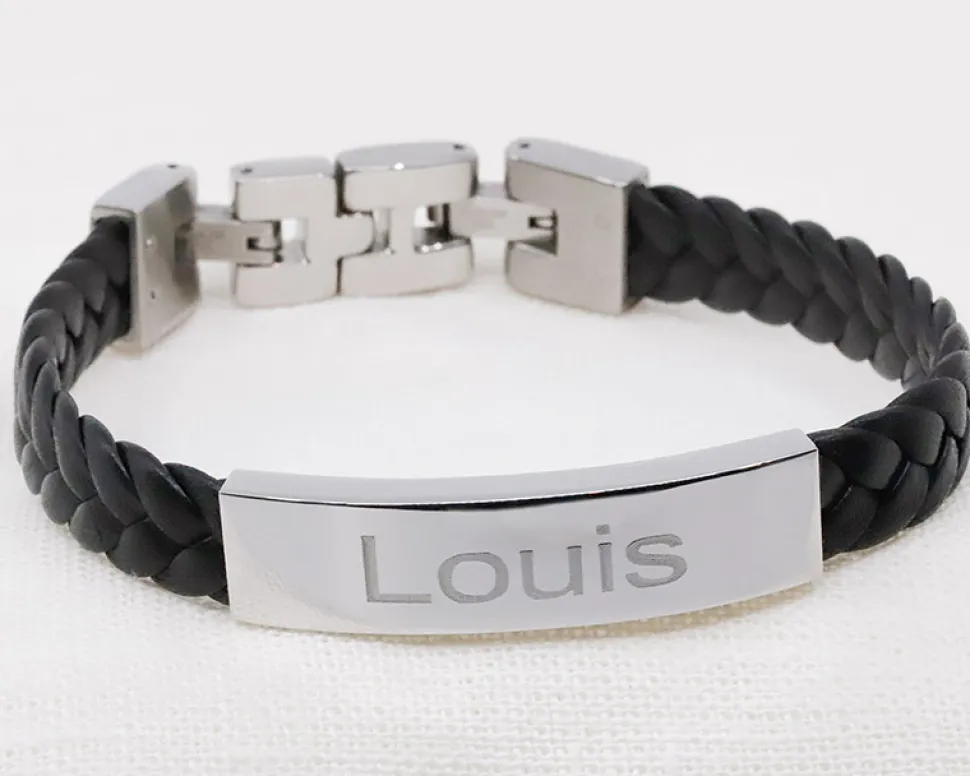 Bracelet gravé Homme en Acier et Cuir Tressé