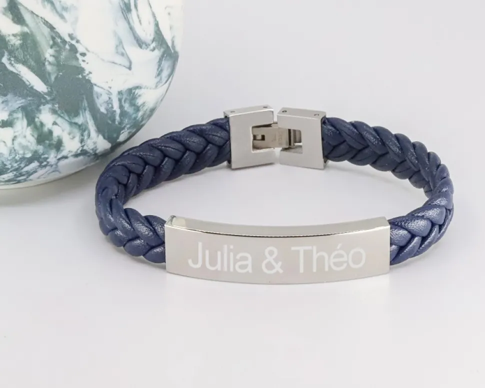 Bracelet gravé Homme en Acier et Cuir Tressé