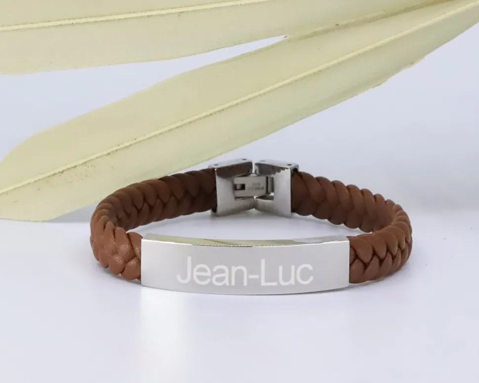Bracelet gravé Homme en Acier et Cuir Tressé