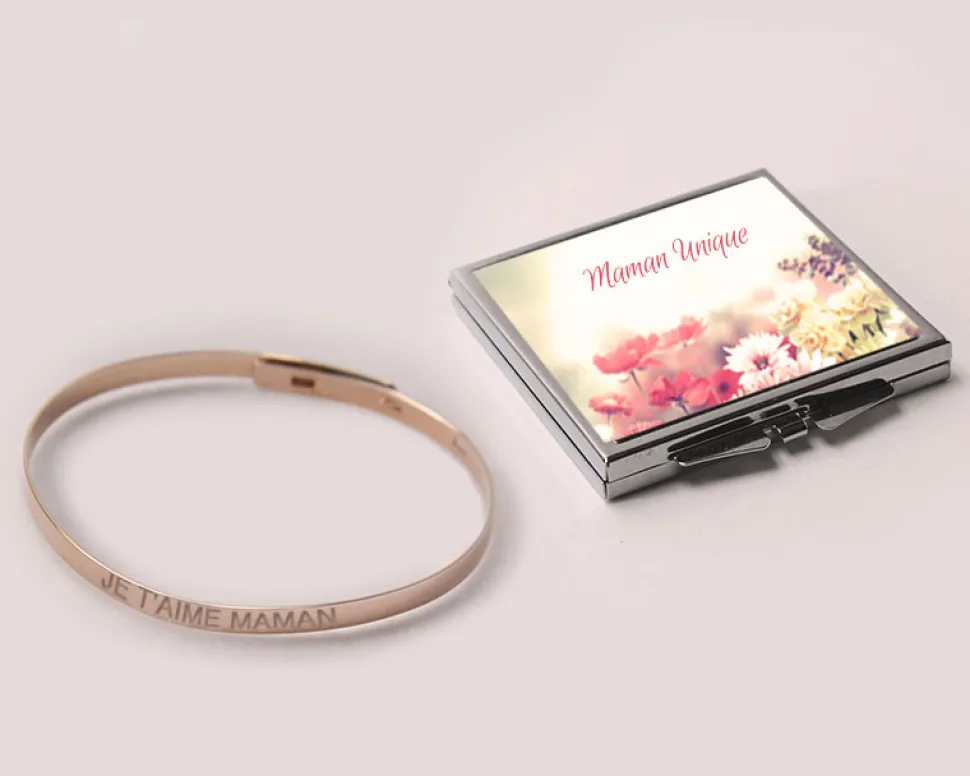 Bracelet Jonc gravé Je t'aime maman Argent rosé et son miroir personnalisable