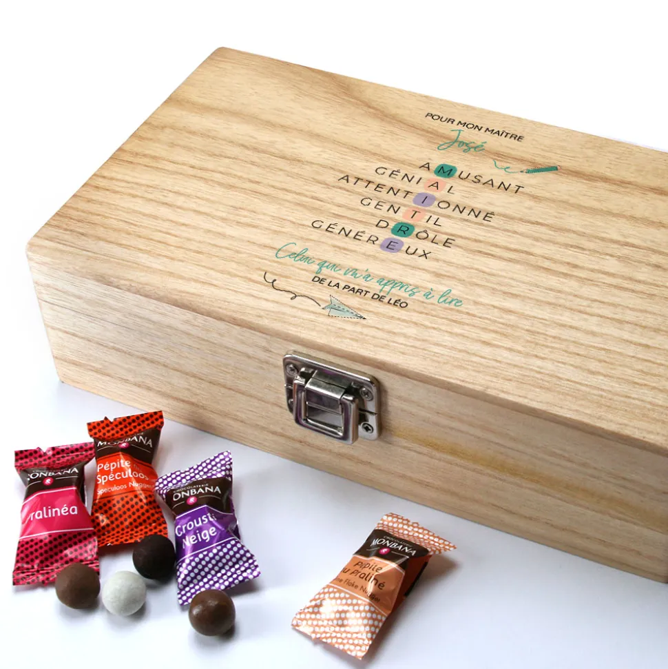 Coffret de chocolats Monbana personnalisé - Acrostiche Maitresse/Maitre