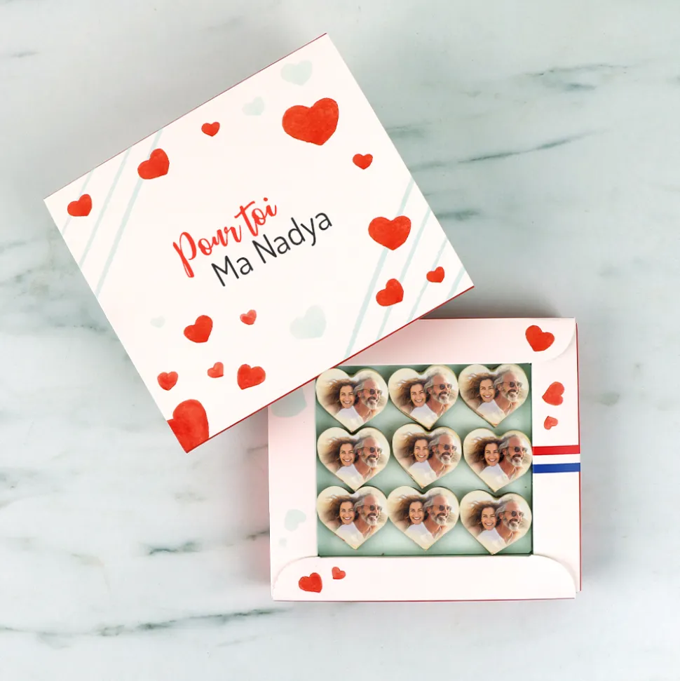 Coffret de chocolats personnalisés photo en forme de coeurs - Amour