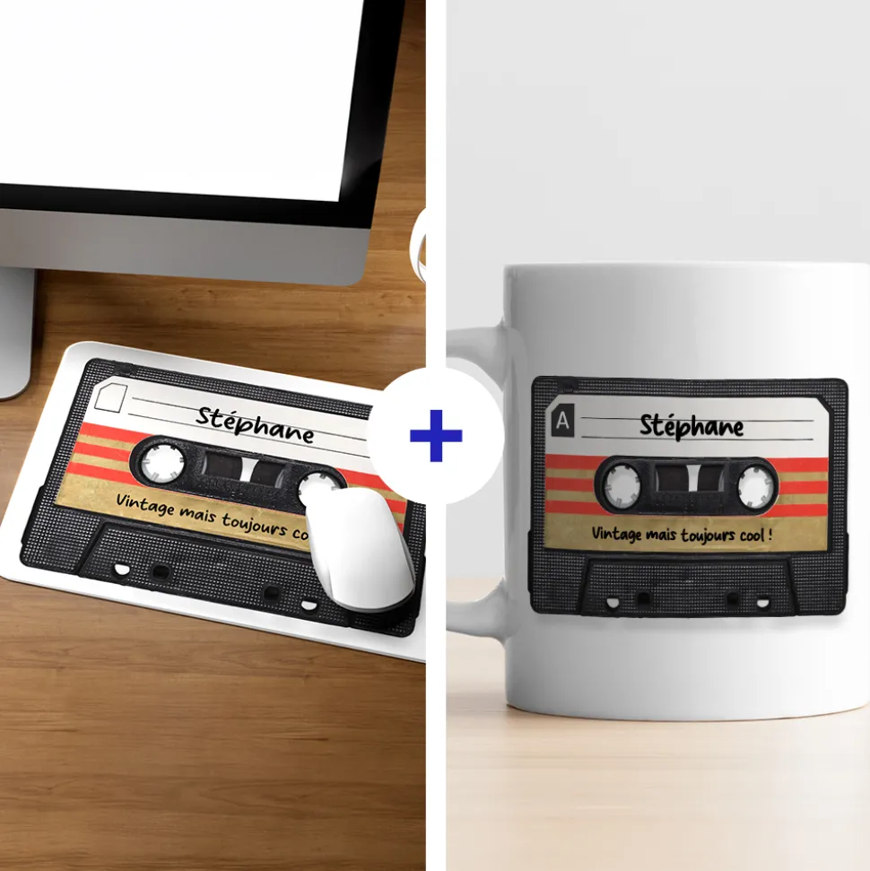 Coffret rétro K7 - Tapis de souris et mug personnalisés
