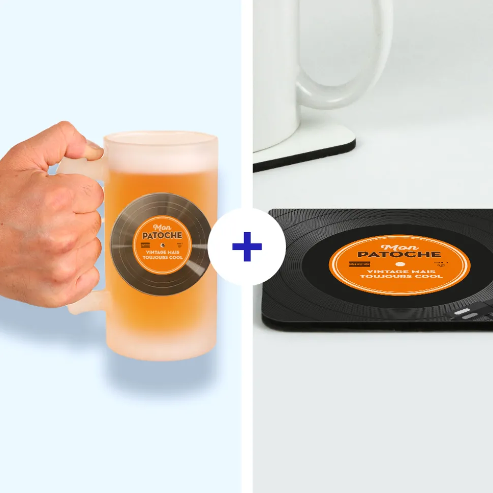Coffret rétro vinyle - Chope de bière et sous-verres personnalisés