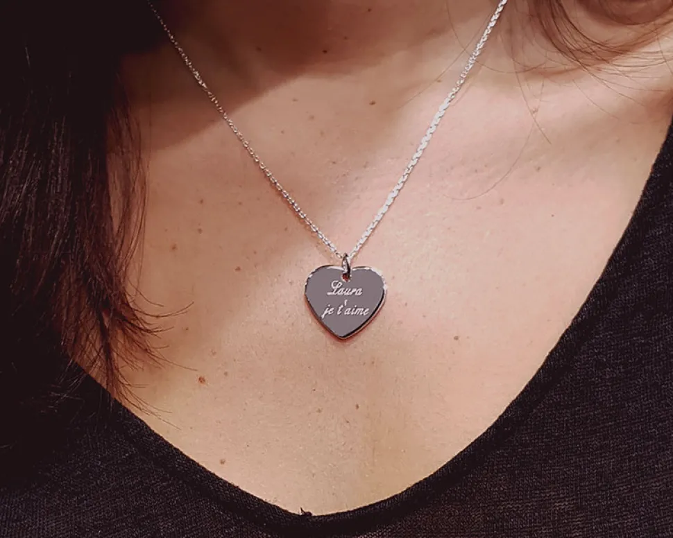 Collier Coeur gravé Message d'amour en argent véritable
