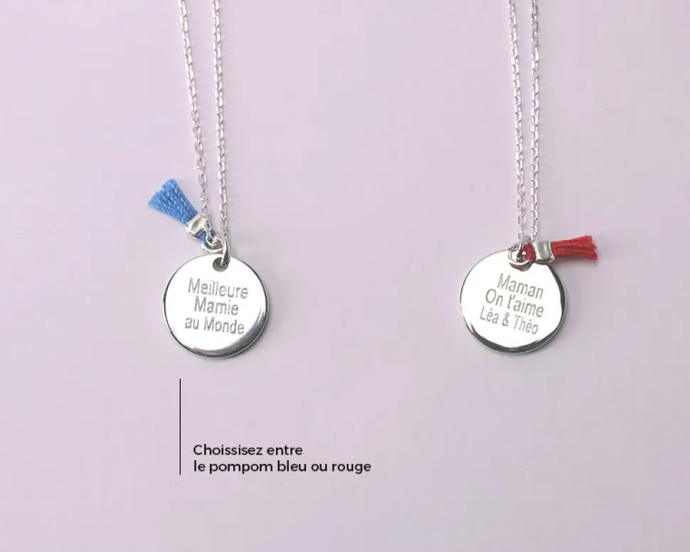 Collier médaille argent véritable - Pompon rouge ou bleu