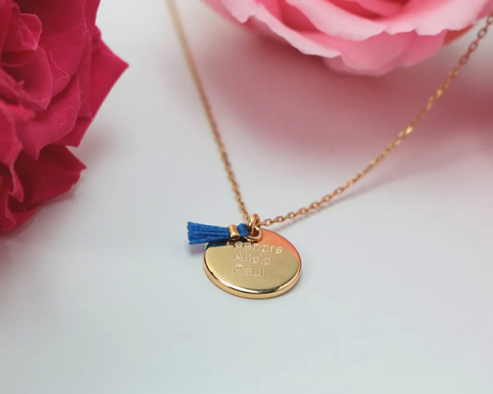 Collier personnalisé plaqué Or 18 carats - Pompon rouge ou bleu