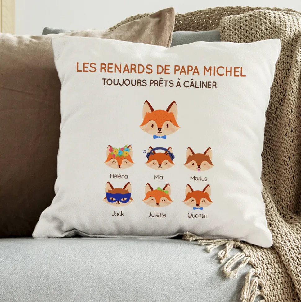 Coussin personnalisé - Papa Renard et sa meute